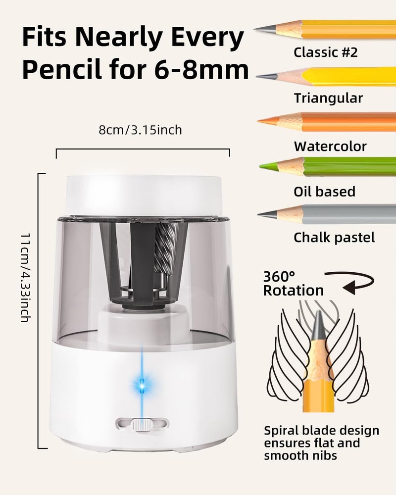 Zmol Electric Rechargeable Pencil Sharpener, Automatic Pencil Sharpeners Kids, Battery Powered Pencil Sharpeners for Colored Pencils, Auto Stop, Suitable for No.2(6-8mm), Classroom/Home White - Image 2